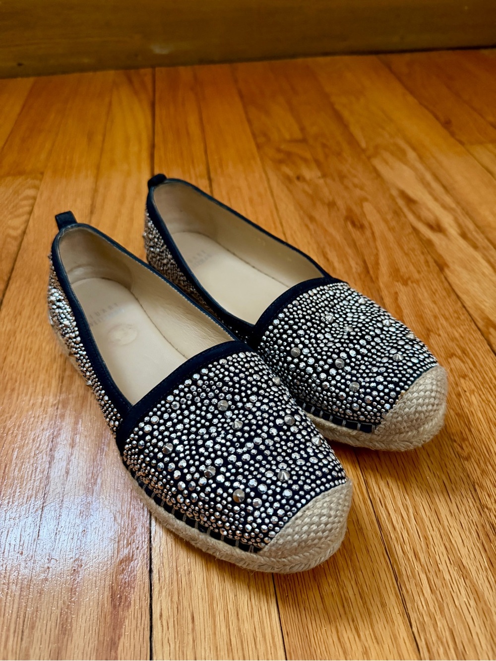 Stuart Weitzman Navy Crystal-Embellished Espadrille Flats